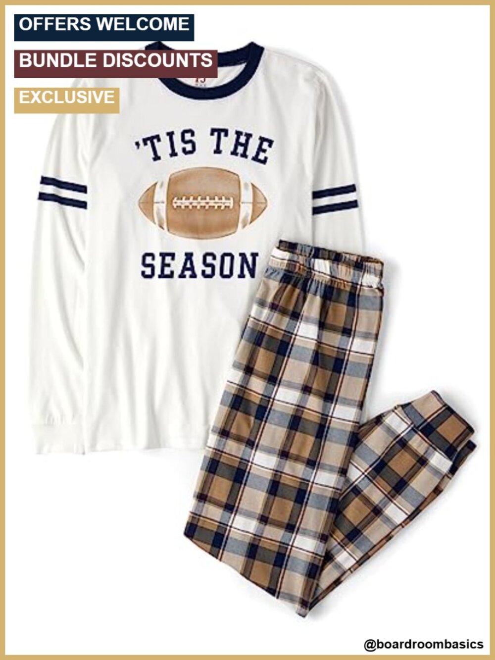 Kids Cotton Jersey Football Pajama Set Long Sleeve Top Plaid Pants